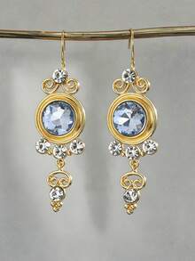 Vintage Gold Color Scroll Filigree Dangle Earrings For Women Blue Crystal Statement Drop Ear Hook Retro Rhinestone Earrings Wedding Party Jewelry Gift - Earrings - View 4
