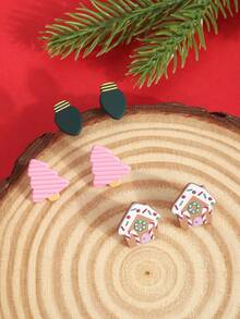 1 Set Christmas Lights Pink Christmas Tree House Print Minimalist Personalized Cute Elegant Earrings - Multicolor - View 4