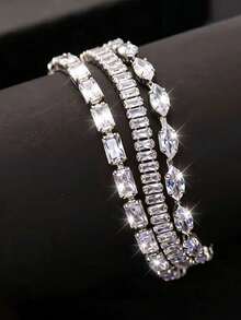 Vintage White Zirconia Tennis Chain Bracelet With Gemstone Beads - Classic Fashion Accessory - Silver White - View 3