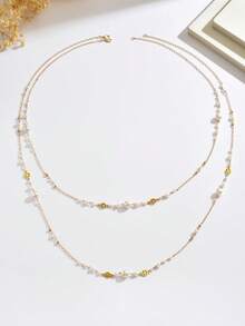 1 Set 2pcs Gentle Delicate Elegant Fairy Style Hollow Floral Pattern Asymmetrical Faux Pearl Gold Long Necklace Set Suitable For Women Daily Commute Party Evening Banquet Versatile Accessory - Gold - View 5