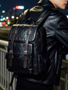 Men's Vintage Leather Backpack, Casual Business Travel Rucksack With Multiple Pockets, Classic Waterproof School Bag For Men, Professional, Laptop - Black - View 3