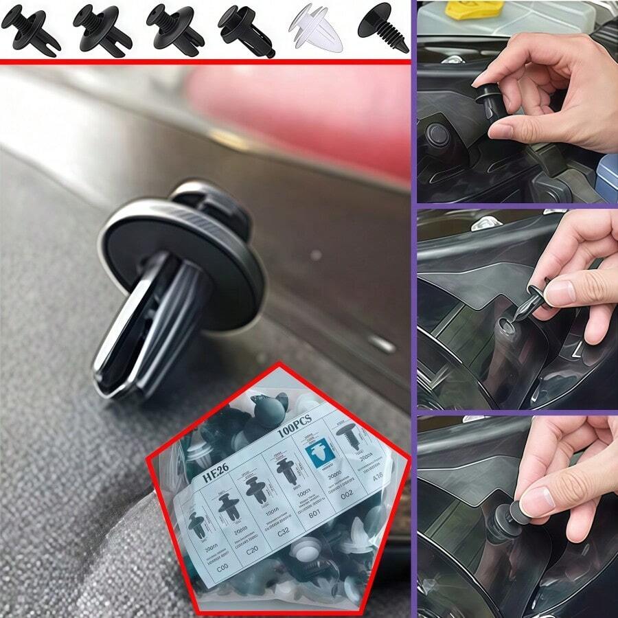 100 buah Pengikat Mobil Nylon Berbagai Ukuran, Bahan Nylon Hitam Kokoh Tahan Deformasi. Meliputi Pengikat Bumper, Klip Pin Tekan, Klip Fender, Cocok untuk Perbaikan dan Penggantian Interior dan Eksterior Kendaraan, Aksesori Pengikat Mobil Multifungsi.