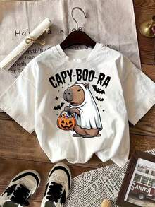 تي شيرت نسائي أبيض بطبعة كابيبارا هالوين مع عبارة Capy Boo Ra والقرع للخريف وحفلة الهالوين - أبيض - مشاهدة 1