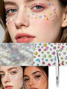 10/8/6/4/2pcs Rainbow Glitter Rhinestone Stickers, Self-Adhesive Rhinestone Design, Suitable For Makeup, Clothing, Valentine's Day, Holiday Party, Concert Makeup, Face Decoration, Halloween Costume - Multicolor - View 5
