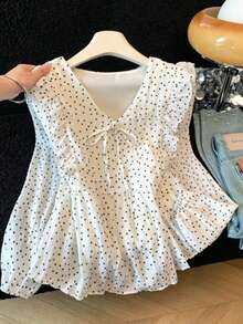 Polka Dot Chiffon V-Neck Bowknot Ruffle Slimming Doll Blouse - White - View 1