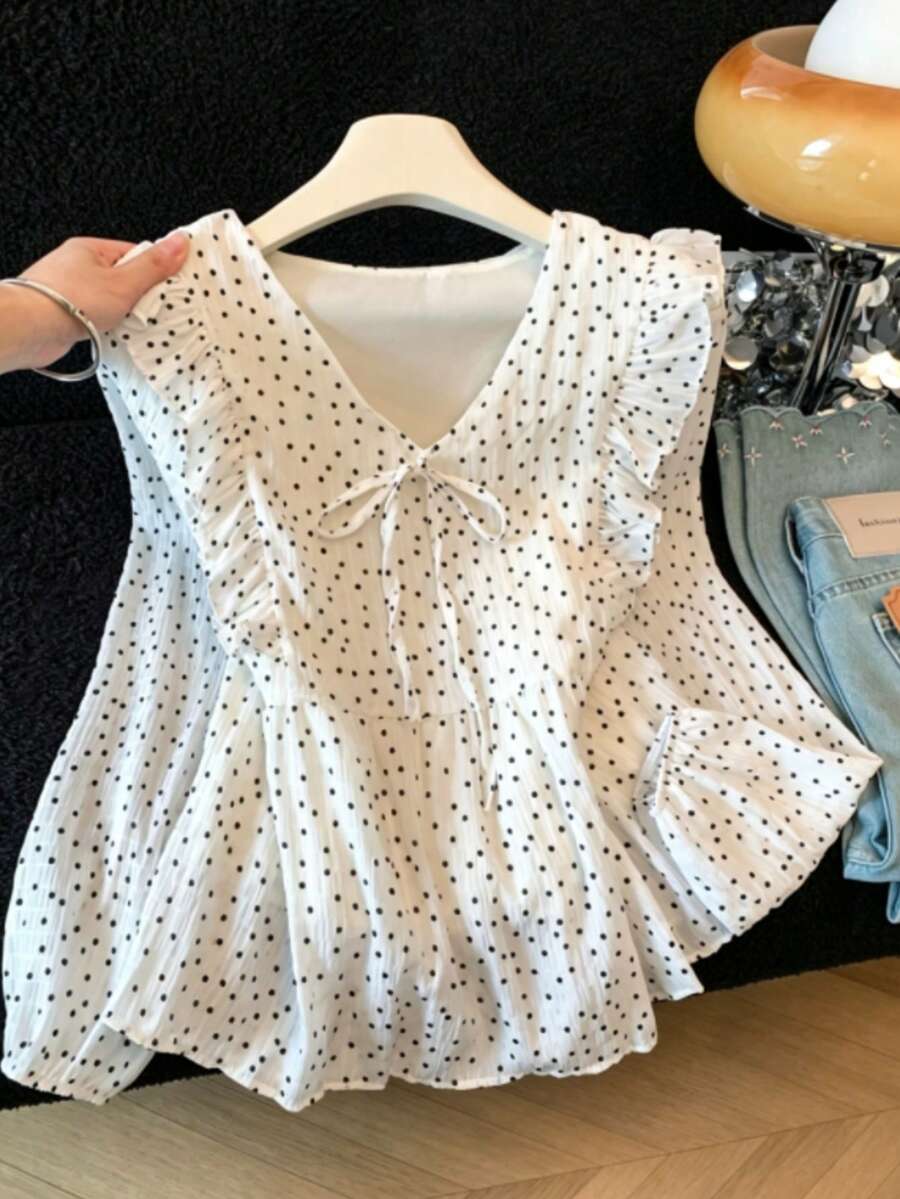 Polka Dot Chiffon V-Neck Bowknot Ruffle Slimming Doll Blouse - White - View 1