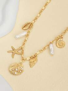1pc Summer Beach Vacation Style Shell Starfish Faux Pearl Necklace, Niche High-End Multi-Layer Stacked Collarbone Chain Jewelry - Gold 3 - View 3