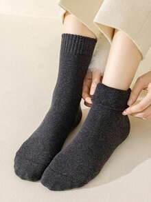 1/3/5/10/15/20 Pairs Women's Thick Solid Color Comfortable Warm Moisture-Wicking Mid-Calf Socks, Suitable For Autumn/Winter - Multicolor - View 4