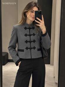 Women's Vintage Knot Button Decor Jacket - Grey - View 2