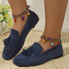 Women's Tassel Decor Solid Color Square Toe Low-Top Chunky Heel Loafers Bohemian Style Daily Outing Spring Royal Blue Suede Shoes - Blue - View 4