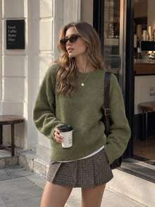 Women's Army Green Loose Knit Long Sleeve Round Neck Sweater For Fall Winter Daily Wear, Soft Medium Stretch Drop Shoulder Top - Green - View 4