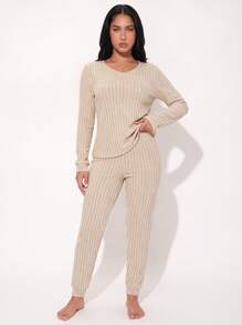 2pcs/Set Set Pakaian Santai Wanita Leher V dengan Manset untuk Musim Semi, Musim Panas, dan Musim Gugur, Set Piyama Rajut Bergaris Leher Bulat Longgar yang Elegan - Aprikot - View 5