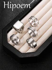 Hipoem 5pcs Fashion Stainless Steel Men's Rings, Twisted Large Square Star Moon Rotating Horizontal Sand Design Combination Set, Suitable For Daily Wear, Dating, Halloween Party, Holiday Jewelry - Silver - View 7