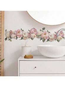 1pc Pink Flowers And Green Leaves Wall Sticker, Vinyl Decal For Home Decorations, Refresh Your Home, Festival Decoration Stickers Gifts Birthday Graduation - Multicolor - View 9