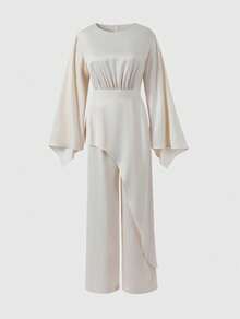 Women's Elegant Long Sleeve Round Neck Woven Jumpsuit - Apricot - View 6