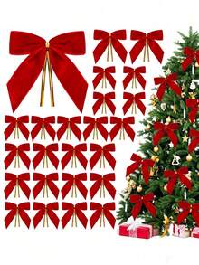 12/6/1pc Red Flocked Christmas Bow Hanging Decor, Vintage Flocked Red Bow Christmas Tree Ornament, Gift Wrapping Door Decoration - A - View 5
