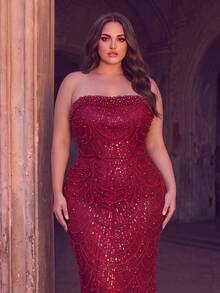 Romantic Plus Size Sequined Mermaid Maxi Dress, Strapless Beaded Formal Gown With Pearls And Cup Detail For Evening Events - Burgundy - View 3