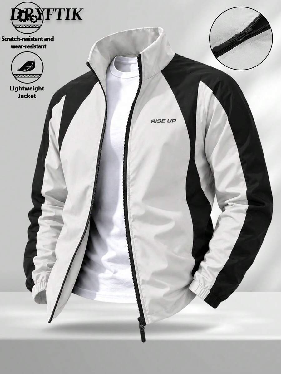 Lightweight Windproof Jacket RISE UP Letter Print Zipper Style Elastic Cuffs Casual Top Spring/Autumn Men's Colorblock Patchwork Stand Collar Sports Jacket - Light Grey - View 1