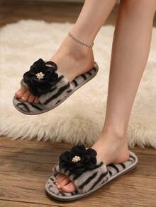 Women's Fuzzy Slippers, Autumn/Winter 2026 New Fashion Pearl Flower Decor Home One-Strap Thermal Slippers - Grey - View 2