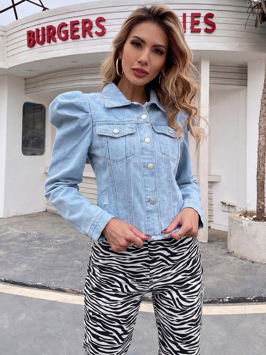 HAPPY GIRL#Spring Autumn Versatile Fashionable Festival Daily Date Travel Distressed Raw Edge Women's Washed Long Sleeve Denim Jacket - Blue - View 1