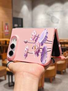 1pc Fashionable Cute Simple Skin Feel PC Material Flower Element Folding Phone Case, Can Protect And Prevent Falling For:SamsungGalaxy Z Fold 8/IPhoneDuo - Pink - View 3
