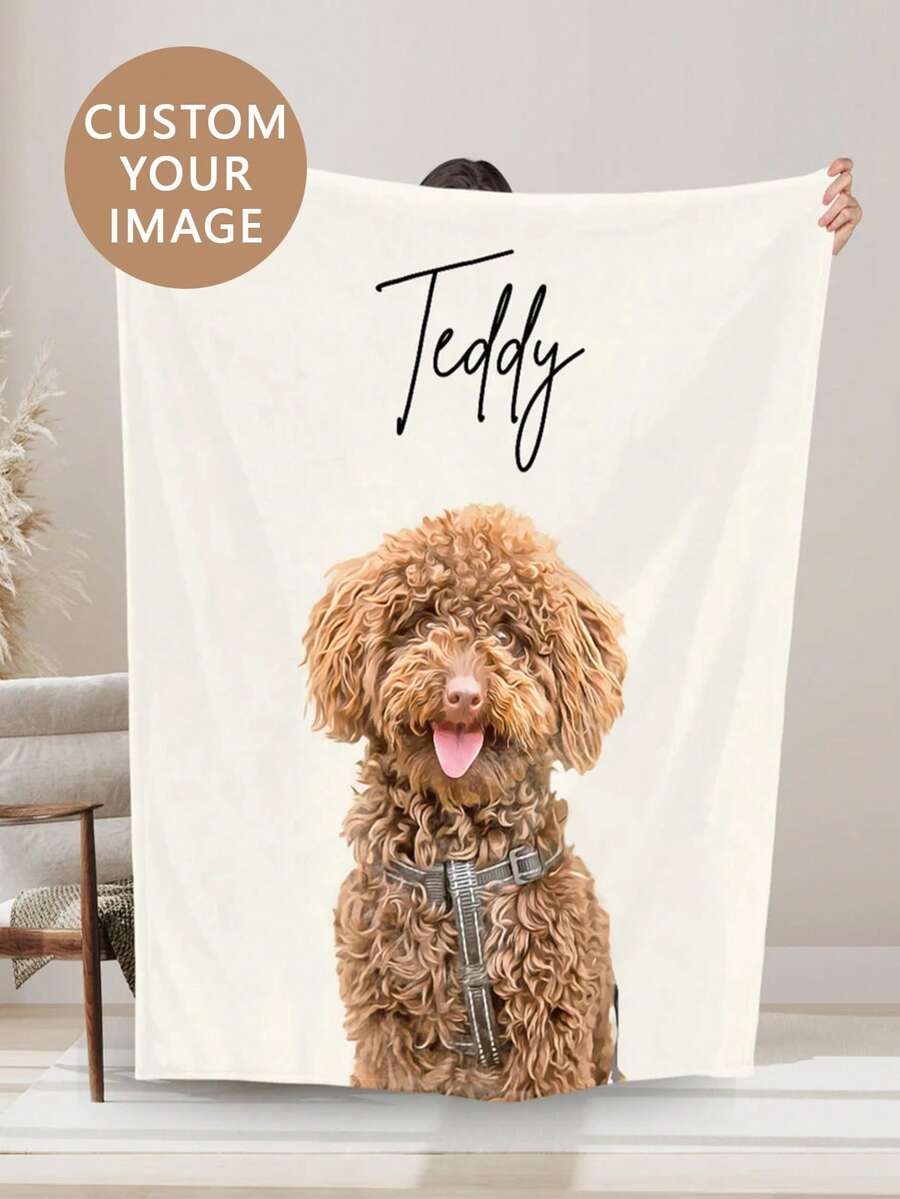 1pc Customized Pet Photo Blanket, Personalized Dog Portrait Throw With Name, Pet Photo Fleece Blanket, Soft Comfortable Sofa Bed Bedroom Blanket, Custom Pattern Printed Pet Lover Gift, Birthday Gift Home Decor - Multicolor - View 1
