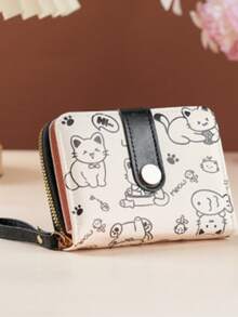 Women's Mini Wallet, Cute Cat Pattern, Small Zipper Coin Purse With Multiple Card Slots And Wrist Strap - Lightweight And Portable, Can Hold Cash, ID Cards And Coins, Large Capacity Short Wallet, Fashionable And Cute Faux Leather Coin Purse, Suitable For Daily Use, Commuting To Work, Also An Ideal Gift For Friends And Family. - Multicolor - View 5