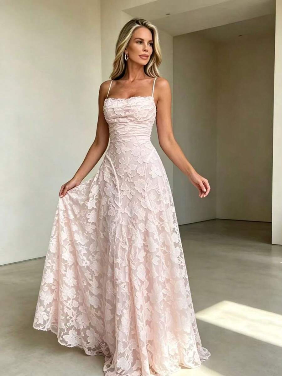 1pc Women's Solid Color French Elegant High Waist Cami Dress, Suitable For Vacation, Pink Party, Summer Wedding, Autumn - Pink - View 1