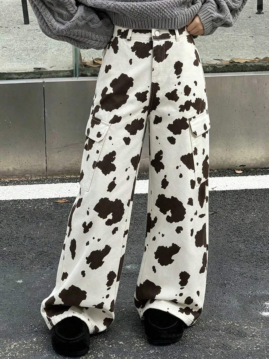1件女款牛紋印花工裝寬腿牛仔長褲,休閒寬鬆直筒大口袋長褲 - 彩色 - 查看 1