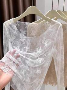 French Lace Sun Protection Cover-Up Cover Up For Women, Autumn Outerwear, Sheer Mesh Large Scoop Neck See-Through Base Layer Top, High-End Mesh Cover Up - White - View 3