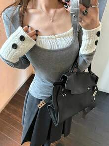 Atasan Kasual Elegan Musim Gugur/Dingin, Leher Bulat, Desain Cerdas, Manis, Elegan, Lengan Panjang, Lapisan Dasar, Serbaguna - Grey - View 3