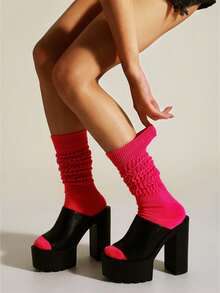 1/3/6 Pairs Women's Mid-Calf Loose Socks, Solid Color Long Socks - Hot Pink - View 3
