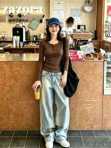 女款極簡純色大圓領長袖T恤，修身彈性內搭短版上衣，適合初秋 - 咖色 - 查看 5