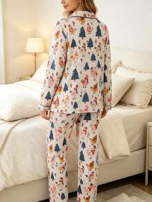 2pcs Women's Long Sleeve Pajama Set, Christmas Cartoon Chicken Family Pattern, Gift 2-Piece Set, Lapel Button Long Sleeve, Loose Elastic Long Pants, Suitable For All Seasons, Home Wear, Outdoor Wear, Comfortable And Loose, New Full Print Pattern - Apricot - View 6