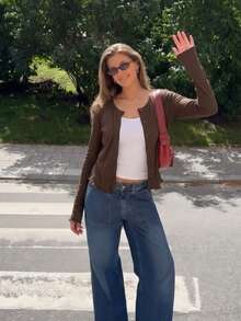 Fashionable Cardigan Button-Up Top Slim Fit Long Sleeve Scalloped Hem T-Shirt For Women - Brown - View 4