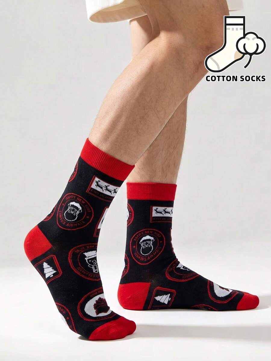 1 Pair Christmas Elderly Christmas Tree Pattern Cotton Knee-High Socks, Comfortable Soft Unisex Home & Sports Socks, Holiday Gift Socks - Multicolor - View 1