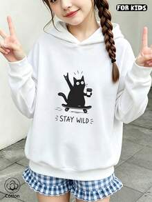 Children's Loose Fit Hoodie With Cartoon Cat Skateboard Pattern Printed, Comfortable And Breathable, Suitable For Daily Wear In Spring And Autumn - White - View 4
