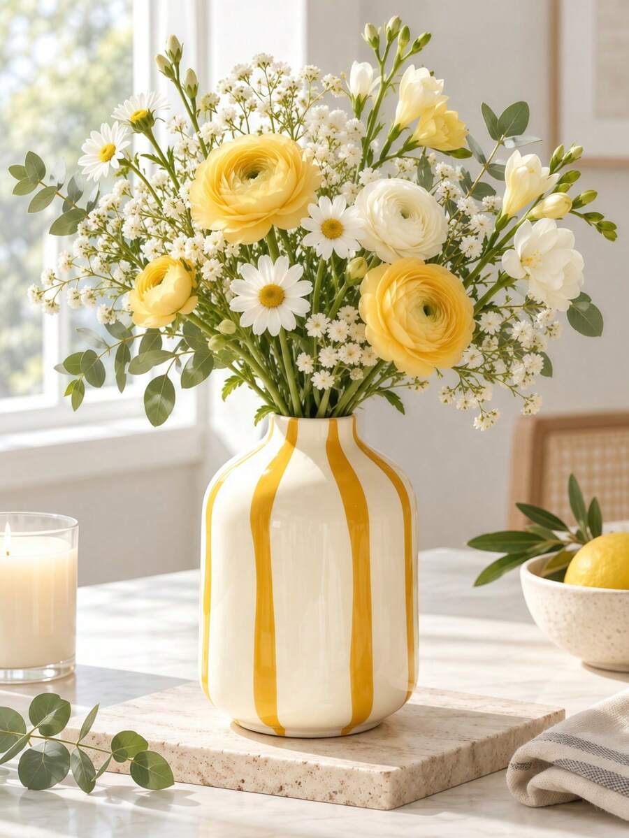 1pc Classic Striped Round Vase, Practical Floral Arrangement Vase, Desktop Decor, Suitable For Indoor Display, Applicable For Christmas Winter Holiday Home Party Decoration - Small Round Bottle - View 1
