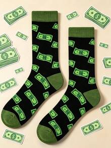 1/3/5 Pairs Men Dollar Crew Socks, Black Base With Green Coin Pattern, Stretch & Comfy. Unisex Style For All Seasons, Ideal For Daily And Gifts. - Multicolor - View 2