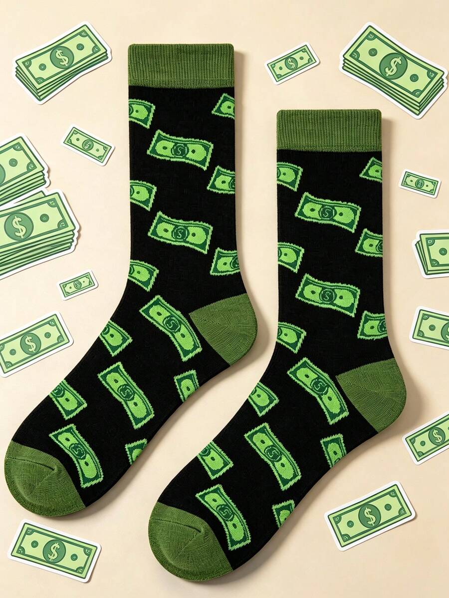 1/3/5 Pairs Men Dollar Crew Socks, Black Base With Green Coin Pattern, Stretch & Comfy. Unisex Style For All Seasons, Ideal For Daily And Gifts.