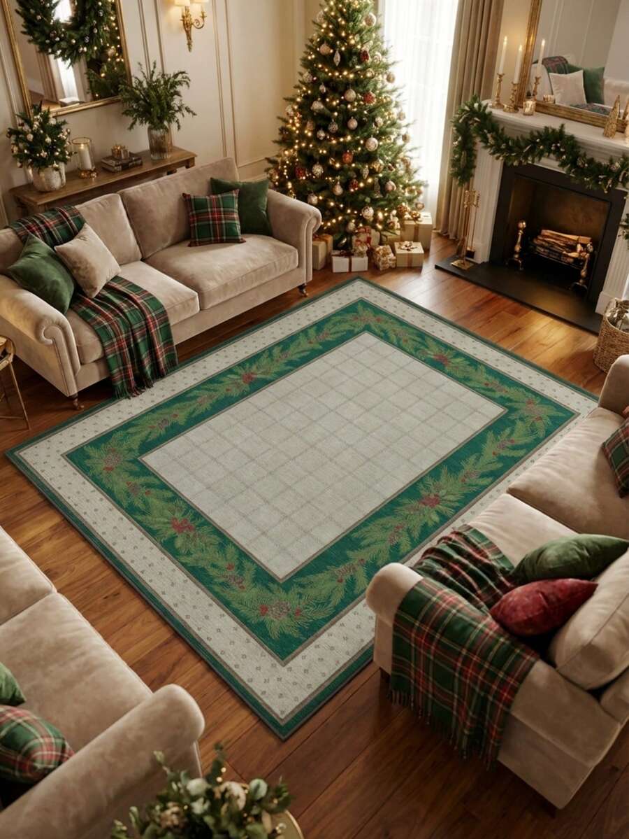 1PC Light Green Pine Branch & Pine Cone Plaid Area Rug, Faux Cashmere Material Rectangular Christmas Holiday Pattern, Machine Washable Suitable For Living Room Bedroom Daily Home Decor, Aesthetic Home Decoration - Multicolor - View 1