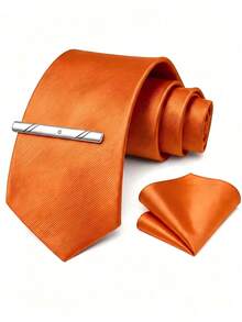 1 Set Men's 8cm Textured Tie, Pocket Square And Tie Clip Set, Wedding Party Groom Tie Set - Burnt Orange - View 2