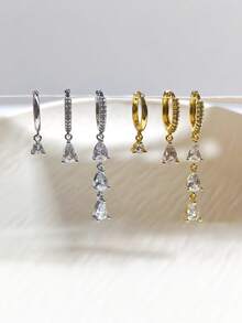 1/3pcs 18K Gold-Plated Dainty Waterdrop Cubic Zirconia Ear Stud & Huugie Hoop Earrings, Allergy-Friendly Stackable Earrings, Earrings Set For Women - Multicolor - View 9