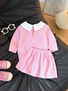 Sweet Style Baby Girl 2pcs Outfit, Waffle Knit Peter Pan Collar 3D Bow Top And Pink Pleated Skirt - Pink - View 3