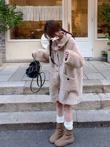 [Y6Y]Women's Lamb Fleece Mid-Length Hooded Button Coat, Winter Daily Warm Elegant Overcoat - Apricot - View 9