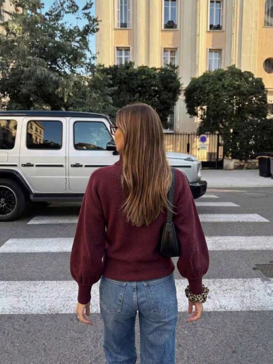 Plus Size Women's Burgundy Versatile High Neck Ribbed Knit Pullover Sweater, Casual Daily Wear, Suitable For Autumn/Winter - Burgundy - View 1