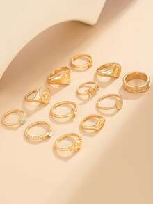 12 Pcs Vintage Ins Rhinestone Star Moon Stackable Rings Fashion Geometric Metal Heart Letter Rings, Suitable For Daily Wear - Gold - View 4