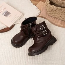 Fashion Kids Side‑Zip Thick‑Sole Ankle Boots With Double Buckle Detail For Everyday Matching - Brown - View 4