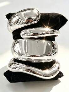 3pcs/1pc Vintage Exaggerated Glamorous Women's Silver Round And Wavy Teardrop CCB Open Bangle Set, Suitable For Daily Wear, Party, Vacation, Date, Wedding, Festival, Gift, Stackable - Silver - View 9
