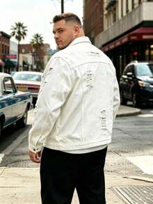 Men's Oversized Denim Jacket White Ripped Distressed Trucker Coat - White - View 2